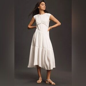 FRAME Gathered Seam Lace-Inset Linen Midi Dress NWT Size XXS